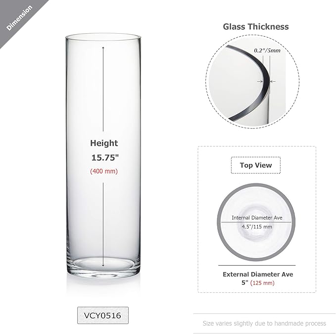 WGV Cylinder Vase Bulk, Diameter 5", Height 16", Clear Glass Floral Planter Container, Tall Centerpiece Arrangement for Wedding Party Event Home Office Decor, 6 Pieces