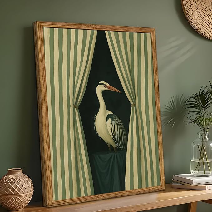 Framed Moody Heron Wall Art, Eclectic Vintage Bird Pictures Wall Decor Paintings, Surreal Whimsical Animal Canvas Prints Unique Humorous Home Decor for Living Room Bedroom Bathroom 16x24 inch