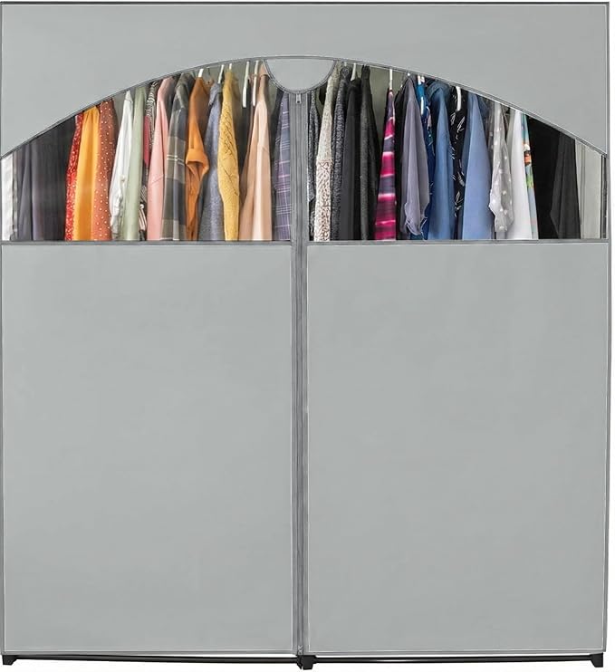 HOLDN’ STORAGE Portable Wardrobe Closet - 65 lb Large Capacity, Internal Heavy Duty Metal Rod, Zipper & Clear Window, Durable Clothes Organizer, Tool-Free Easy Assembly, Gray Canvas Cover