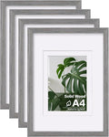 Egofine A4 Picture Frames Set of 4, Made of Solid Wood Covered by Plexiglass 5x7 and 6x8 with Mat or A4 without Mat, for Table Top Display and Wall Mounting Photo Frame Light Grey