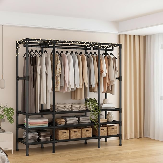 Portable Closet,Garment Rack,Heavy Duty Clothes Rack with Cover,Wardrobe Closet with 1 Hanging Rods, 2 Storage Shelves,27.5" L x 17.7" W x 67.7" H,Black