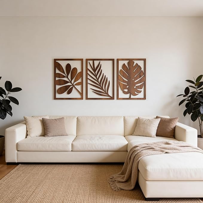 qmmp Modern Wooden Wall Sculptures - Set of 3 - Home Decor Accent - Large Wall Art for Living Room, Bedroom, Office - Easy Installation (Walnut, XLarge - Tree Leaves)