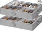 StorageWorks Shoe Organizer for Closet, Fits up to 24 Pairs, 2-Pack Ultra-thick Fabric Under Bed Shoe Storage Containers with Bottom Support and Adjustable Dividers, Grey