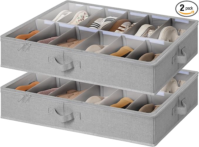 StorageWorks Shoe Organizer for Closet, Fits up to 24 Pairs, 2-Pack Ultra-thick Fabric Under Bed Shoe Storage Containers with Bottom Support and Adjustable Dividers, Grey
