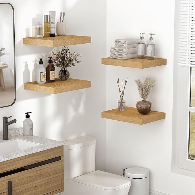 Vivelove 10" Deep Floating Shelves with Invisible Brackets, 36" Wall Shelves for Bathroom Bedroom Kitchen Living Room Laundry Room, Modern Rustic Shelves for Home Decor, 36"x10.2"x1.5", Set of 2, Oak