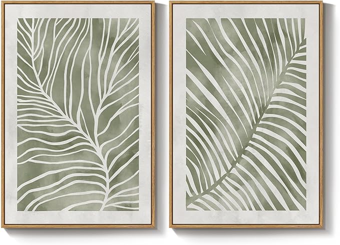 Framed Green Abstract Botanical Wall Art, 2 Piece Tropical Plant Canvas Painting Prints Artwork for Walls, Minimalist Boho Neutral Palm Leaf Pictures for Living Room Bedroom Kitchen Wall Decor, 24x36