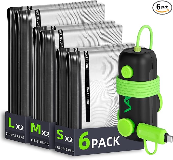 Vacuum Bags for Travel - USB Electric Pump, 6 Pack Carry-on Size Vacuum Seal Bags for Clothing - Space Saver Vacuum Storage Bags for Luggage, Travel Essentials.