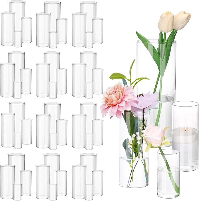 Fixwal 48pcs Clear Glass Cylinder Vases, 4, 6, 8, 10 Inch Tall Cylinder Vases for Centerpieces, Glass Flower Vase, Floating Candle Holder Vase for Table Shelf, Party, Wedding, Home Decor