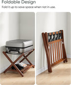 Bamboo Luggage Rack Fully Assembled, Folding Suitcase Stand with Shoe Shelf, Heavy-Duty Luggage Holder for Guest Room Must Haves, Bedroom, Hotel, Walnut