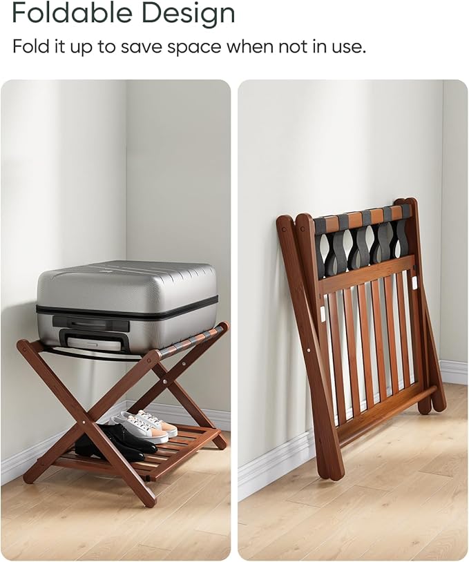 Bamboo Luggage Rack Fully Assembled, Folding Suitcase Stand with Shoe Shelf, Heavy-Duty Luggage Holder for Guest Room Must Haves, Bedroom, Hotel, Walnut