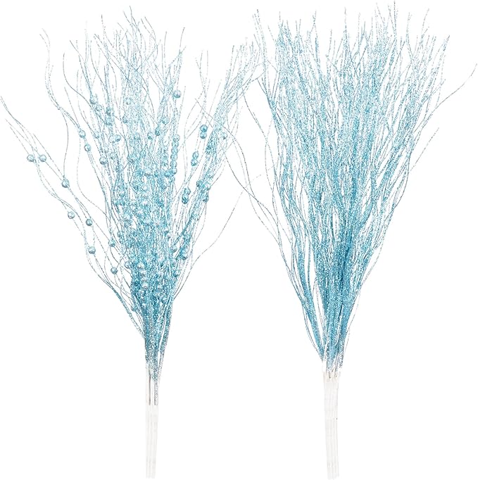 SLK 16-Pack Artificial Glitter Berry Stem Ornaments, Christmas Decorative Glittery Twigs, Picks, Branches for Tree, Wreath, Small Vase, Halloween Party (LightBlue)
