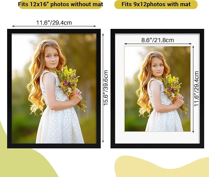 Rempry 12x16 Picture Frame, Display Poster 9x12 with Mat or 12 x 16 Without Mat, Wall Gallery Photo Frames with Shatter Resistant Plexiglass, Black, 1 Pack