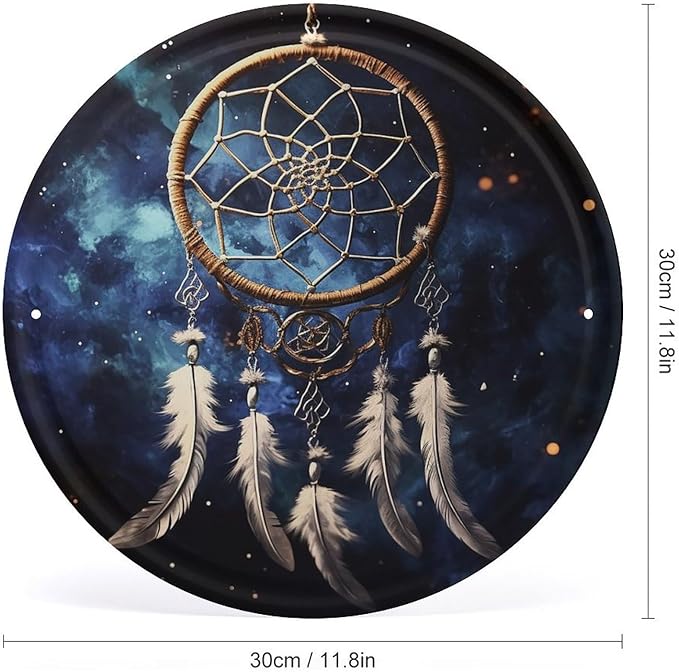Wall Picture, with White Fantasy Dream Catcher Printed Circular Iron Hanging Picture,Wall Art Decor,Home for Bedroom Living Room Bathroom Decor,Iron Painting 11.8X11.8 in