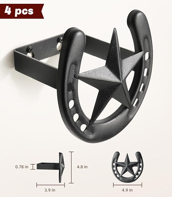 Cowboy Hat Hook for Wall, 4 Pack Cowboy Hat Rack, Metal Horseshoe Hanger, Hat Organizer, Western Hook for Wall, Hat Holder Display for Closet, Horse Supplies, Texas Gifts for Men, Black