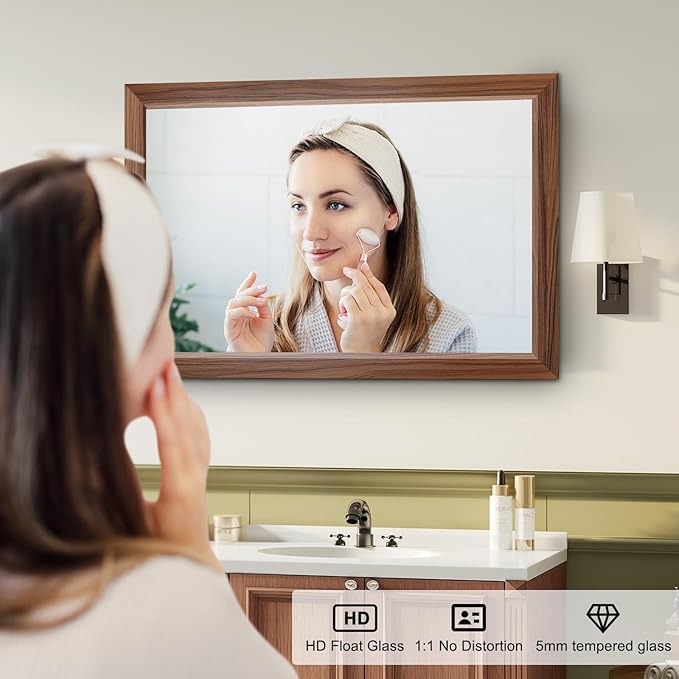Bathroom Mirror for Over Sink,24x36Inch Thick Anti-Rust Wood Grain Metal Frame, Rectangle Decorative Wall Mirror with HD Tempered Glass, Horizontal or Vertical Mount for Vanity, Bathroom,Living Room
