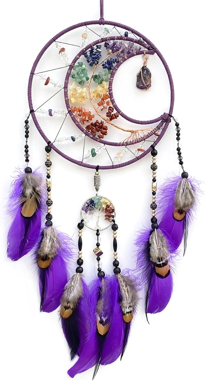 Purple Large Dream Catcher Wall Decor Crystal Tree of Life Dream Catchers with Stone Pendant Handmade Feather Dreamcatcher Wall Hanging Ornament for Bedroom Living Room Home Decor