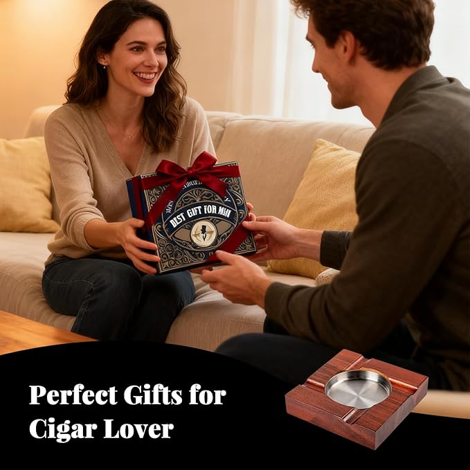 Father Day Gifts Wood Cigar Ashtray Cigarettes Ashtrays for Indoor Outdoor Patio Home Office Use Square Wooden Brown Cigar Ash Tray Father s Day Gift Ideas for Men with GIFT BOX(Large Size)
