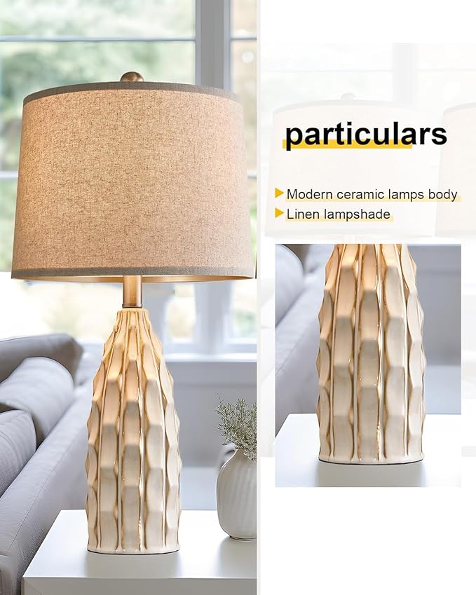 USumkky Ceramic Table Lamps Set of 2, 23.75" Modern Farmhouse Bedside Lamp - Cream Nightstand Lamps for Bedroom, Boho Living Room End Tables, Small Office Desk Lamp Decor