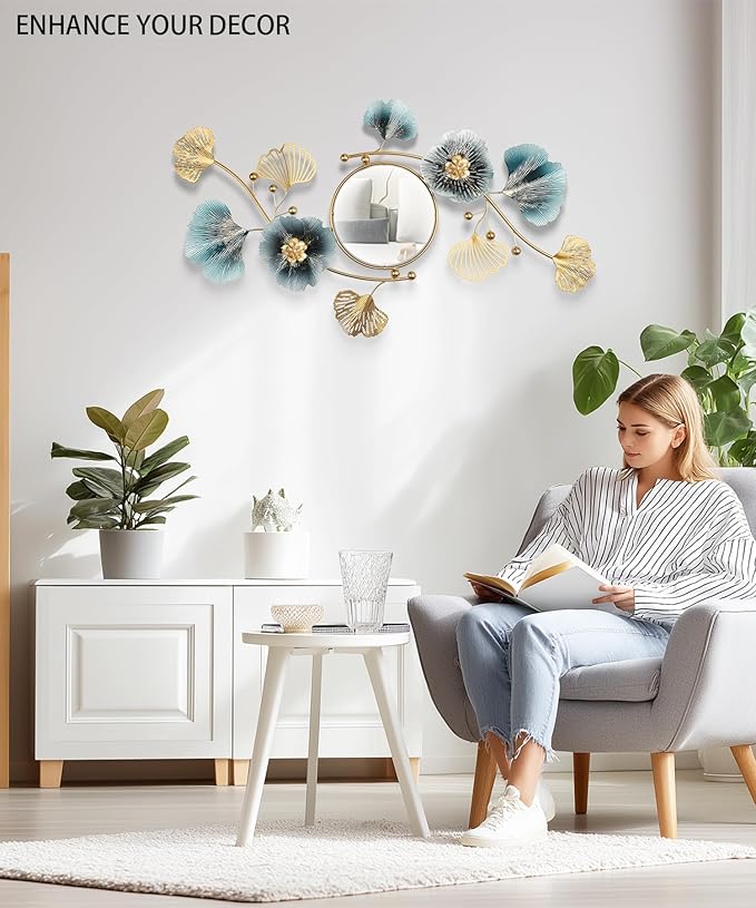 Large Wall Mirror,Modern Wall Mirrors Decorative,3DMetal Ginkgo Biloba Design - Perfect for Living Room, Bedroom, Bathroom, or Entryway Wall Decor