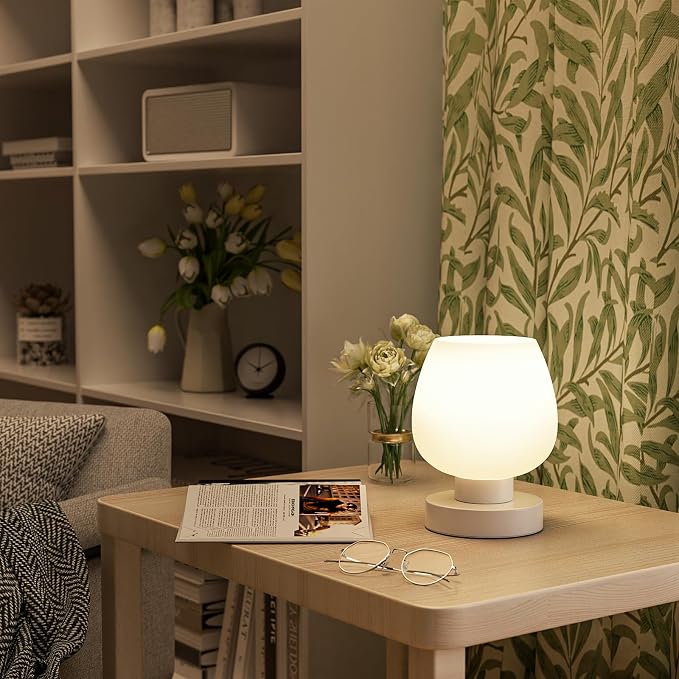 Seealle Cordless Touch Table Lamp for Nightstand - Small Bedside Lamp for Bedroom Night Stands, Desk Lamp with White Glass Shade for Small Spaces Living Room, Stepless Dimmable, LED Bulbs, Gifts