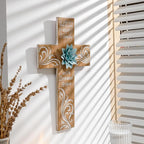 TRENDIN Rustic Cross Decor for Wall, Wooden Decorative Wall Cross with Metal Flowers, Bless Our Family Christian Home Decor, Farmhouse Hanging Art for Living Room, Entryway, Bedroom