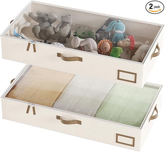 Under Bed Storage, Under Bed Storage Containers Bins for Clothes, Large Linen Underbed Closet Organization Bins, 2 Pack Collapsible Underbed Bin Dorm for Clothes, Sweater, Beige