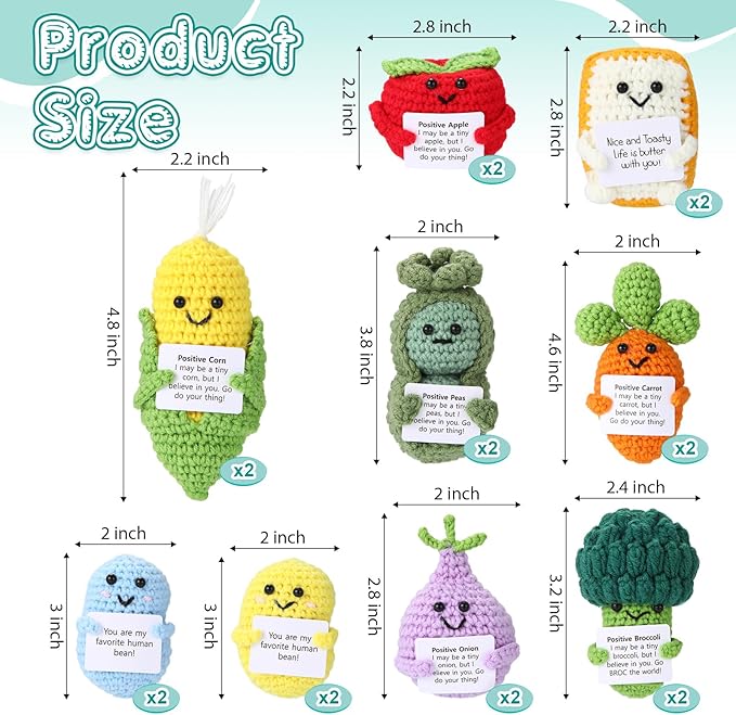 VioraWhite 18 Pcs Positive Vegetables Emotional Dolls Bulk Support Encouragement Emotional Knitted Crochet Gifts with Positive Words for Friends Coworker Decorations for Home Office