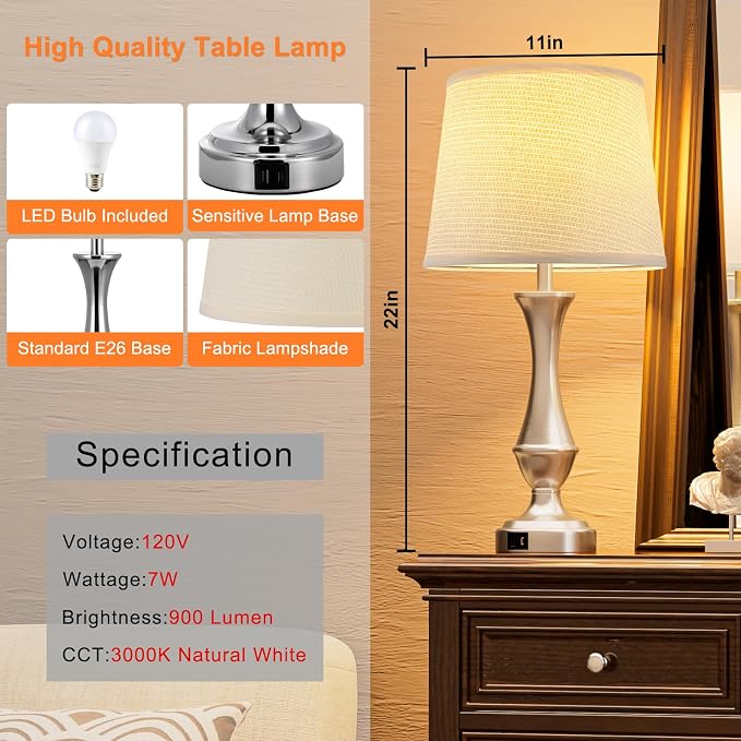 Seealle Upgraded Touch Lamps for Night Stands Set of 2 - Bedside Lamps with USB C+A, 3 Way Dimmable for Bedroom Living Room End Tables Office (Weaving White&Silver)