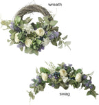 28in Artificial Rose Hydrangea Swag for Lintel,Faux White Penoy Swag Wedding Arch Flowers with Eucalyptus Leaves Blueberry,Rustic Floral Swag for Home Room Garden Front Door Party Decor
