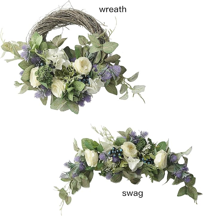 19in Artificial White Silk Rose Hydrangea Wreath with Blueberry, Lifelike Eucalyptus Leaves Rattan Garland Spring Summer Decorative Wreath for Wedding Arch Front Door House Wall Decor