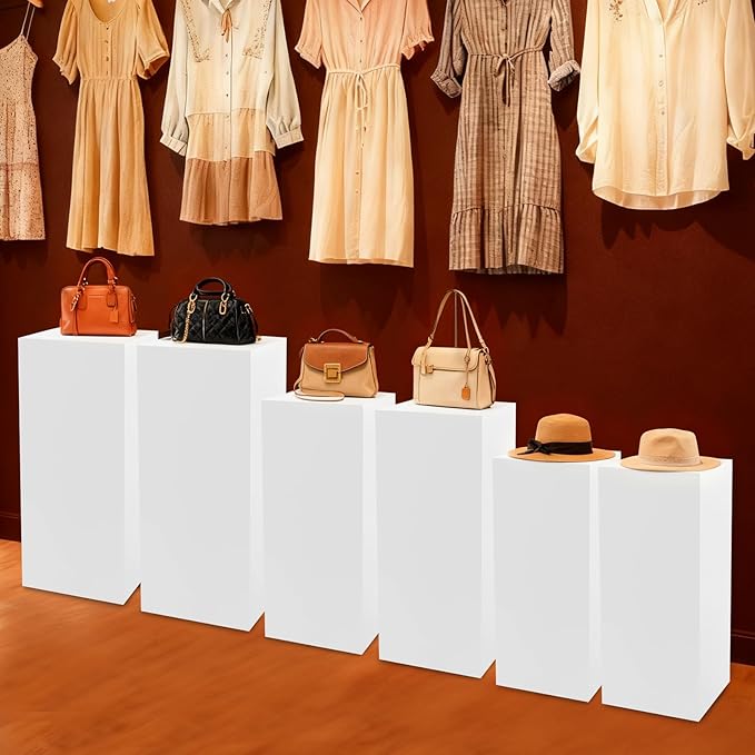 6 PCS Display Pedestal Stand, Metal Display Pedestal Stands Decoration Cube Sculpture Displays Column Square Displays Stands Pillars for Wedding Party Baby Shower Birthday (White, 6PCS)