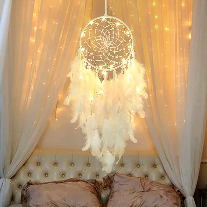 Dremisland White Feathers Dream Catcher Wall Hanging Elegant Wall Art Room Decoration for Windows Balcony Bedroom Wedding Party Gift for Girls and Kids (with Lights)
