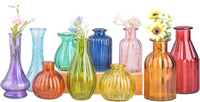 Eleganttime Bud Vases for Flowers,Glass Colored Bud Vase in Bulk Set of 10,Small Vintage Vase Bottle for Wedding Decorations,Garden and Home Decor,Centerpieces,Colorful Mexican Décor
