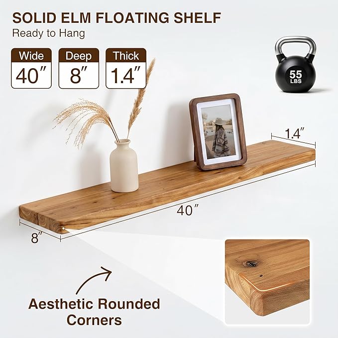 Floating Shelves 40" W x 8" D, Solid Elm Wood Shelves for Wall, 8 Inch Deep Floating Shelves, Rustic Wooden Bathroom Shelves 40" Long - for Living Room, Kitchen, Office, Set of 2, Heavy-Duty Bookshelf