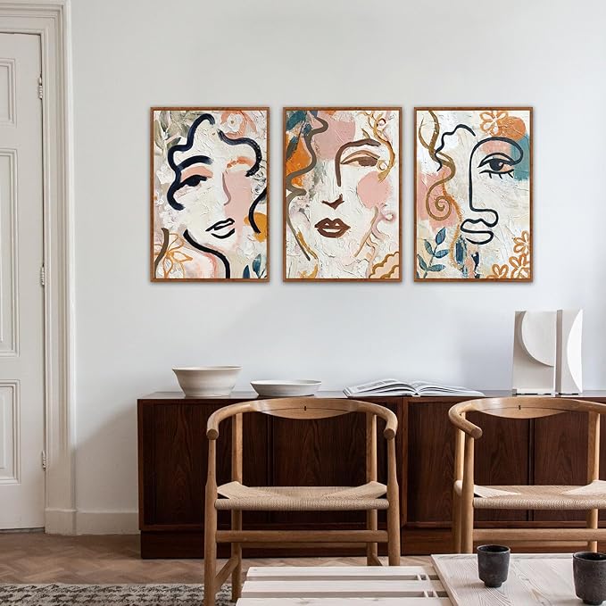 KAlRNE Abstract Human Face Wall Art Set of 3(16”X24”),Boho Line Wall Decor,Modern Matisse Framed Canvas Paintings,Colorful Floral Graffiti Art Prints For Living Room Bedroom Office Decoration