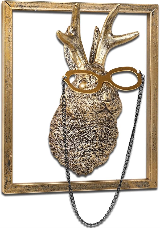 Newinhome Animal Heads Wall Decor (Includes Metal Frame) Resin Animals Sculptures Head Wall Hanging Decoration Gold vintage Wall Sculpture for Living Room Bedroom Office(Jackalope)