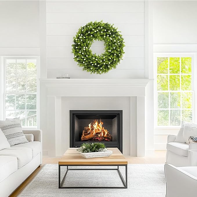 24'' Boxwood Wreath for Front Door, Porch, Window - Foldable Greenery Boxwood Wreaths for Farmhouse Wedding Indoor Outdoor Decor - Spring, Summer, Fall, All Seasons