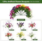 INQCMY Artificial Fake Flowers for Outdoor Spring Decoration,12 Bundles Faux Silk Colorful Morning Glory with Eucalyptus UV Resistant Realistic Fake Plants for Outside Planter Porch Patio Yard Garden