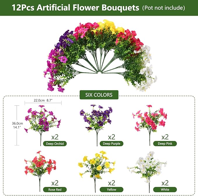 INQCMY Artificial Fake Flowers for Outdoor Spring Decoration,12 Bundles Faux Silk Colorful Morning Glory with Eucalyptus UV Resistant Realistic Fake Plants for Outside Planter Porch Patio Yard Garden