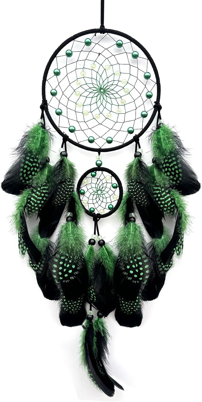 Green and Black Dream Catcher Wall Decor Feather Dream Catchers with Luminous Bead Handmade Dreamcatcher Wall Hanging Ornament for Bedroom Living Room Home Decor