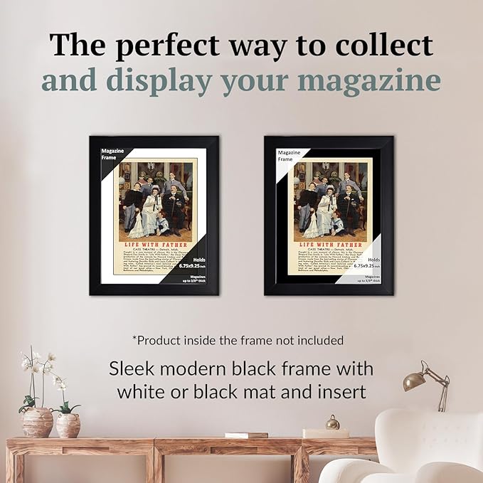 Creative Picture Frames 6.75 x 9.25 Magazine Theatre Show Frame with Full-Strength Glass, Holds Up To A 1/4" Thick Media with Installed Hangers for Easy Mounting, 8x12 Black Frame with White Mat