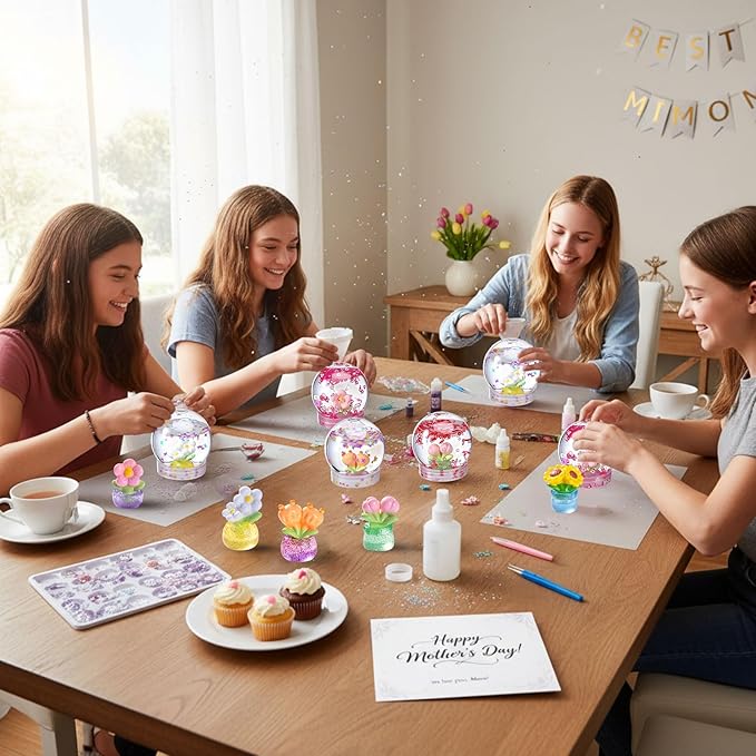 12 Sets Flower Craft Bulk Flower Plastic Clear Snow Globes Kit with Glow in The Dark Plates, Sequins Flakes, Glue Guns for Employee Make Your Own Party Snow Globes Craft DIY Gifts