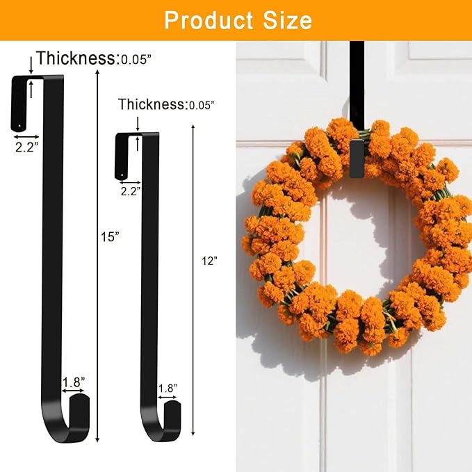 4 Pack Wreath Hangers for Front Door, Over The Door Wreath Hanger Holiday Decorations Wreath Hook for Hanging Christmas Easter Fall Decoration, Welcome Sign Holder Two Each of 12" and 15" (Black)