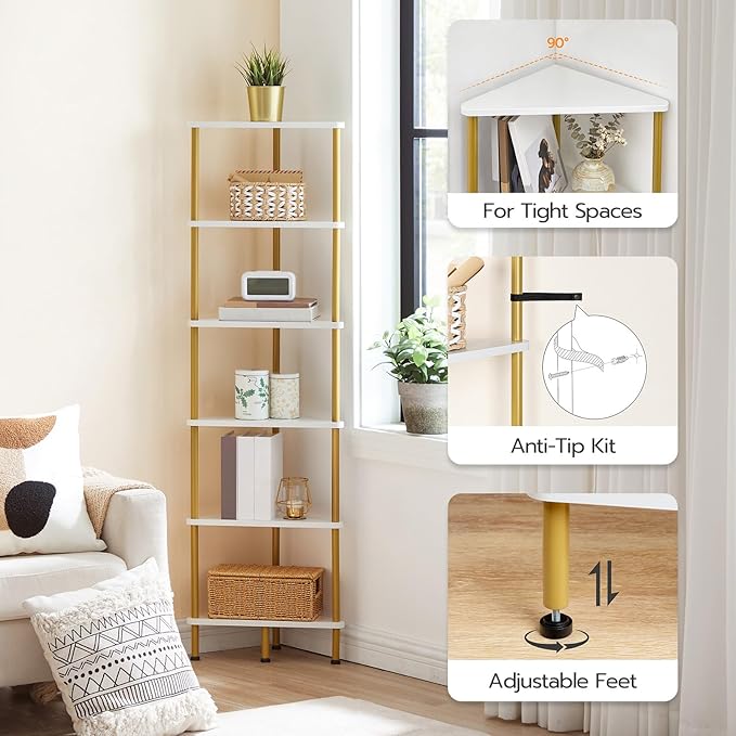 HOOBRO Corner Shelf Stand, Industrial 6-Tier Wall Corner Bookshelf with Metal Frame, Plant Display Shelf, Bookcase for Small Spaces, Living Room, White and Gold DW36CJ01