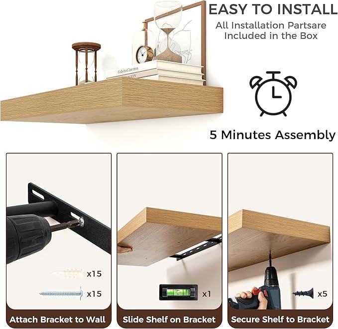 Venusmiles Floating Shelves for Wall, 24 Inch Wide x 12 Inch Deep Floating Shelves, Long Wood Floating Wall Shelf Shelves for Living Room Bathroom Bedroom Kitchen Home - (Oak, 24" W x 12" D x 2" H)
