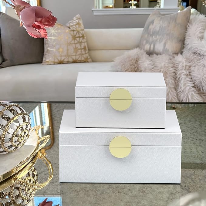 HofferRuffer Faux Leather Jewelry Boxes, Decorative Boxes Storage Accessory Organizer with Gold Hardware Decor, Classic Vegan Leather Set of 2 Pieces (White)