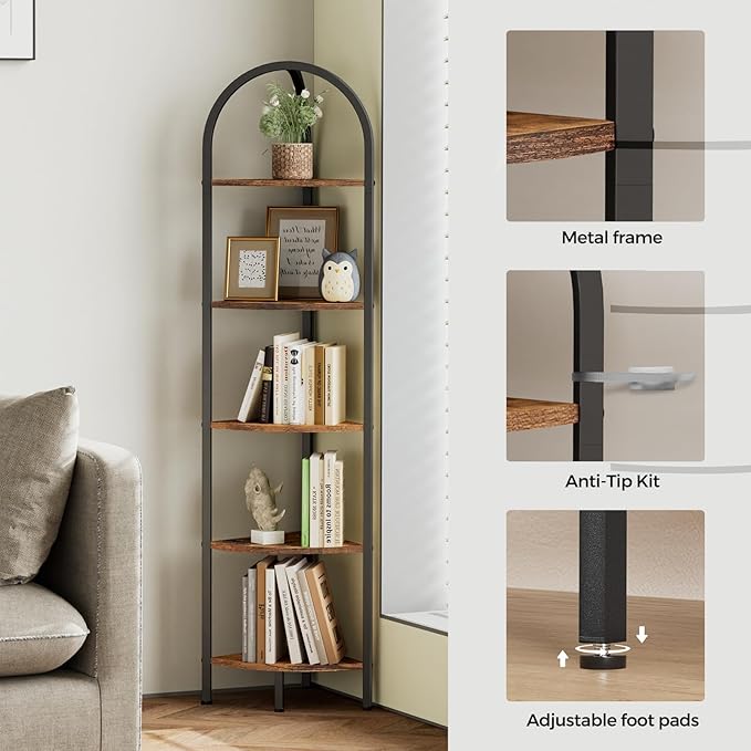 Homhedy 5-Tier Arched Corner Shelf Stand, Wall Corner Bookshelf with Metal Frame, Plant Stand, Industrial Storage Rack Shelf for Living Room, Bedroom, Office, Bathroom, Rustic Brown and Black