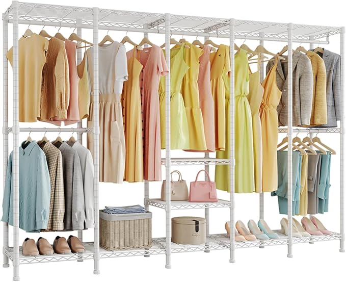 H5 Extra Large Heavy Duty Clothes Rack, Wire Garment Rack, Freestanding Clothing Rack for Hanging Clothes, Wardrobe Closet with Adjustable Shelf, 93.3" Wx15.7 Dx75.4 H, White, Load 1400 lbs