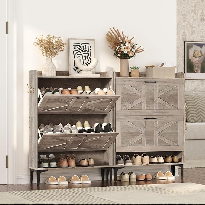 Shoe Storage Cabinet, Shoe Organizer with 2 Flip Drawers, Hidden Shoe Storage for Entryway, Freestanding Shoe Cabinet Organizer with Open Storages, Greige SHHG9401