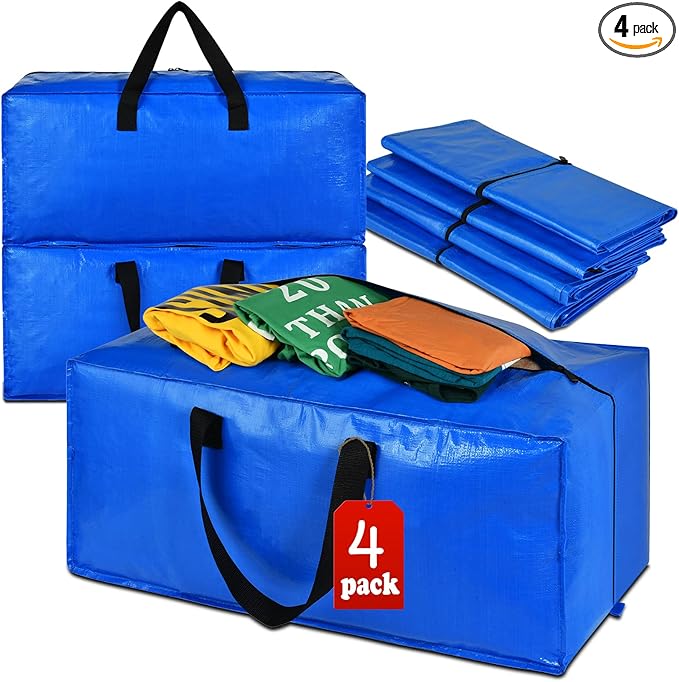 4 Pack Heavy Duty Extra Large Moving Bags - Strong Handles& Backpack Straps - Blue Storage Bags Alternative to Moving Boxes Bins, Packing bag Compatible with Ikea Frakta Cart